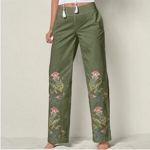 VENUS Green Floral Embroidered Straight Leg Pants